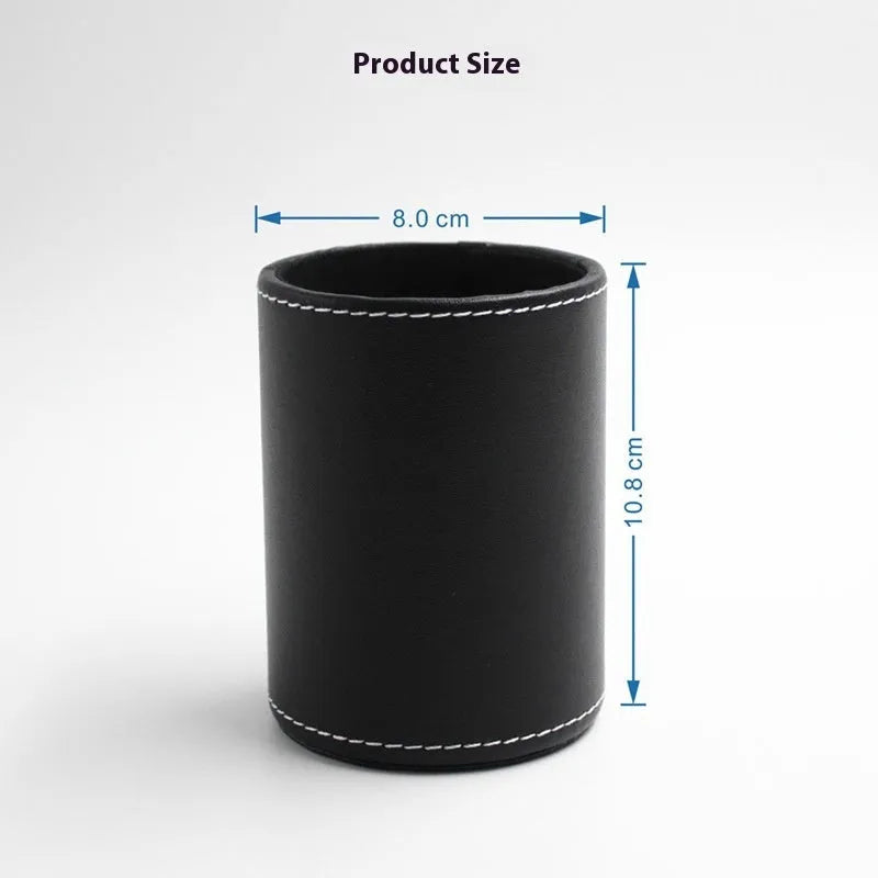 Black leather cylindrical pen container showing 8cm diameter and 10.8cm height dimensions