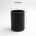 Black leather cylindrical pen container showing 8cm diameter and 10.8cm height dimensions