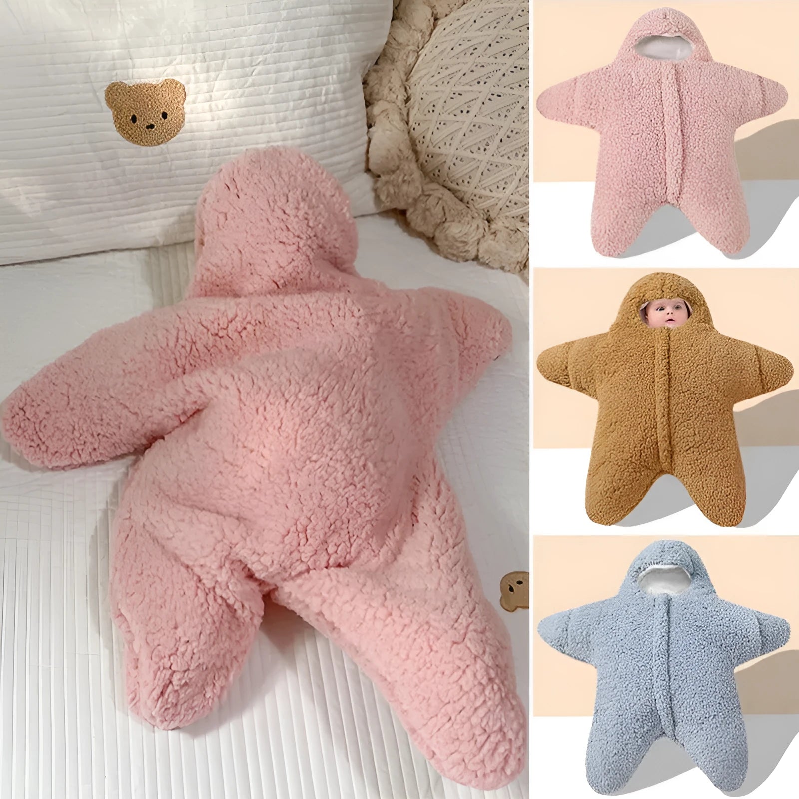 Starfish lamb velvet baby sleeping bag with hood and front zipper for a newborn.