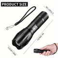 High power LED tactical flashlight with black aluminium alloy body, CREE XM-L bulb, adjustable zoom, standing upright on a wooden surface.