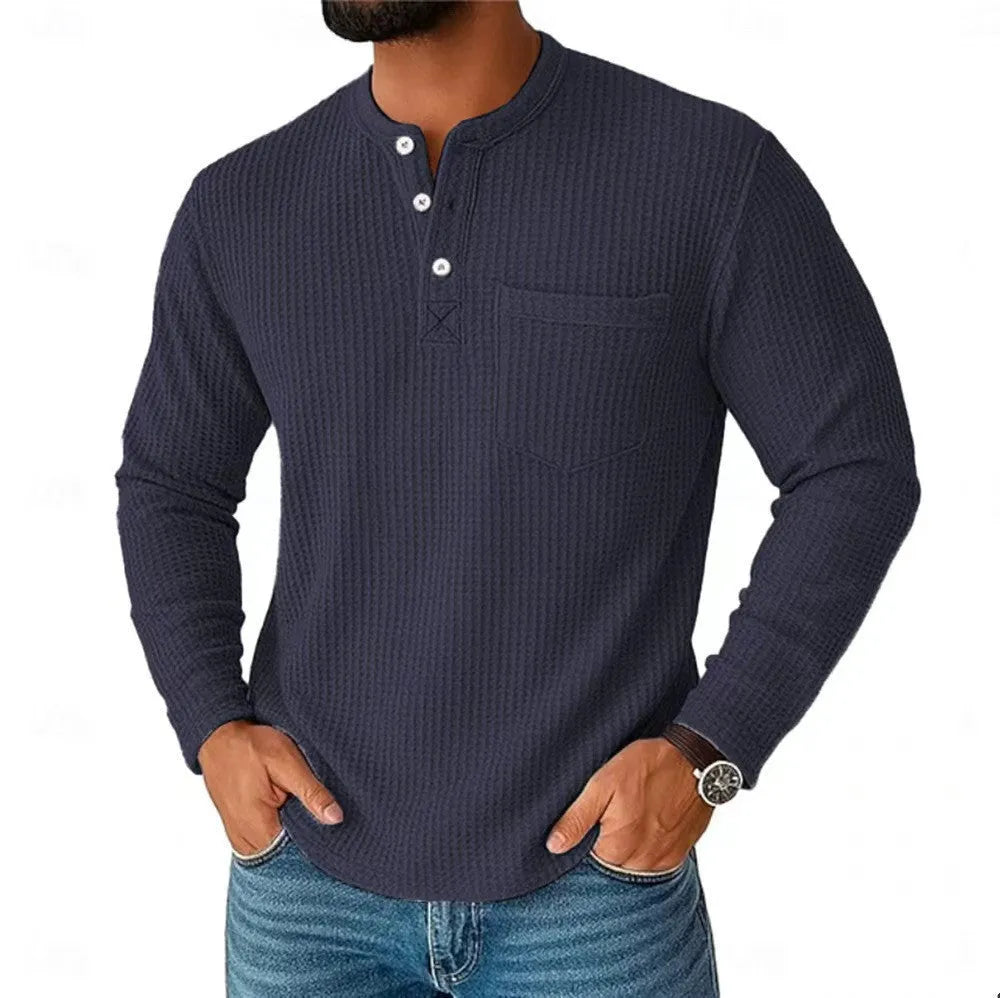 Men's long sleeve Henley shirt casual jacket with collar button in light gray, lightweight chemical fibre blend