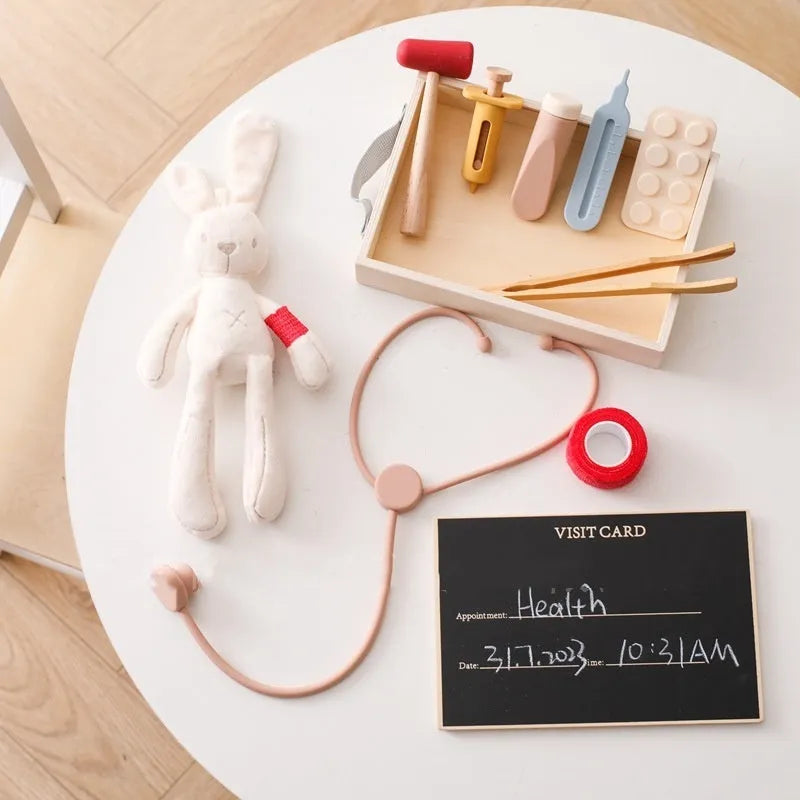 Wooden toy doctor stethoscope with silicone earpieces for children's pretend play