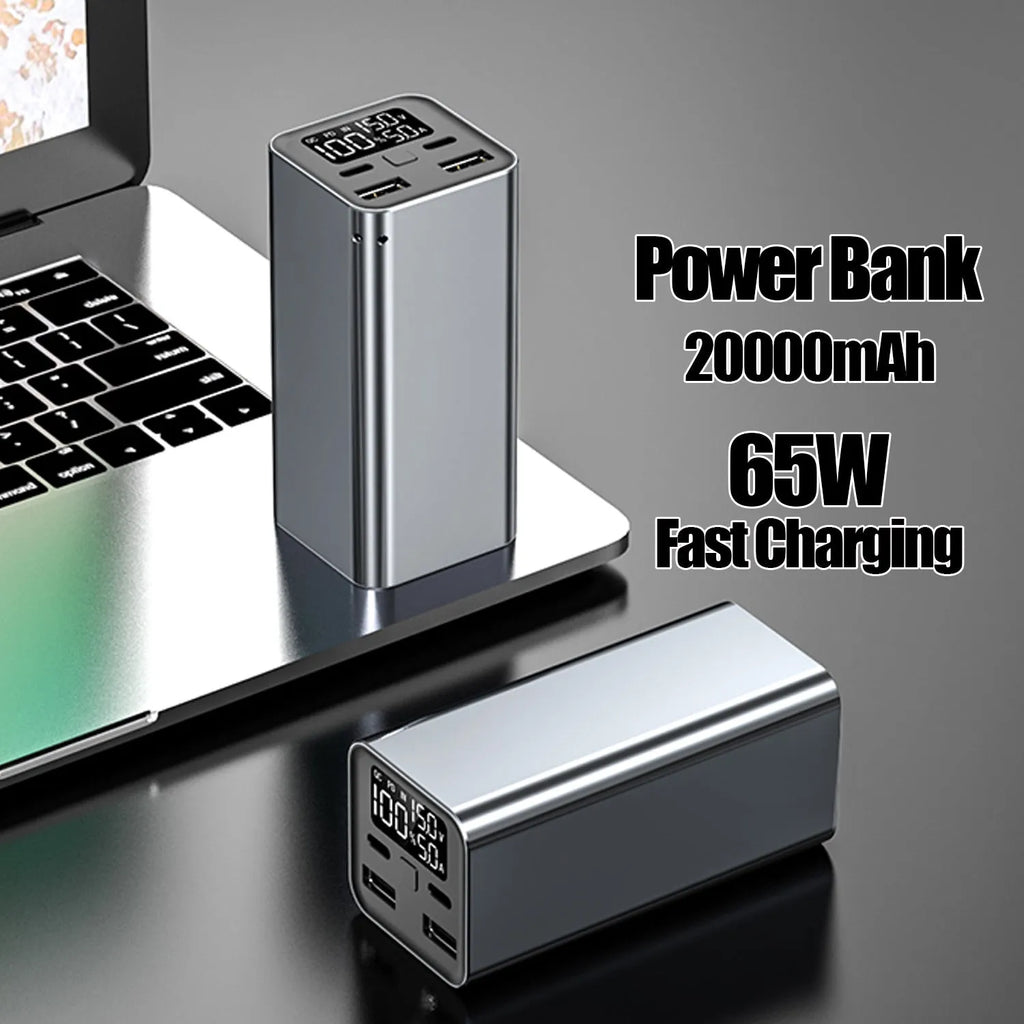 Black 65W metal power bank showing USB-C port, with dimensions 47.5x104.5x47.5mm.
