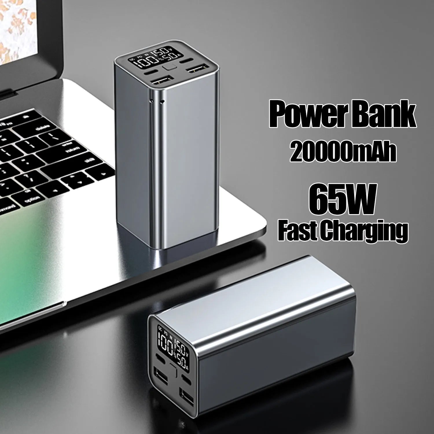 Black 65W metal power bank showing USB-C port, with dimensions 47.5x104.5x47.5mm.