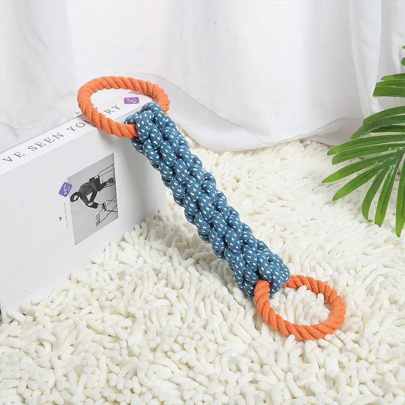 Blue braided bone rope dog toy with double rings for chewing and dental care