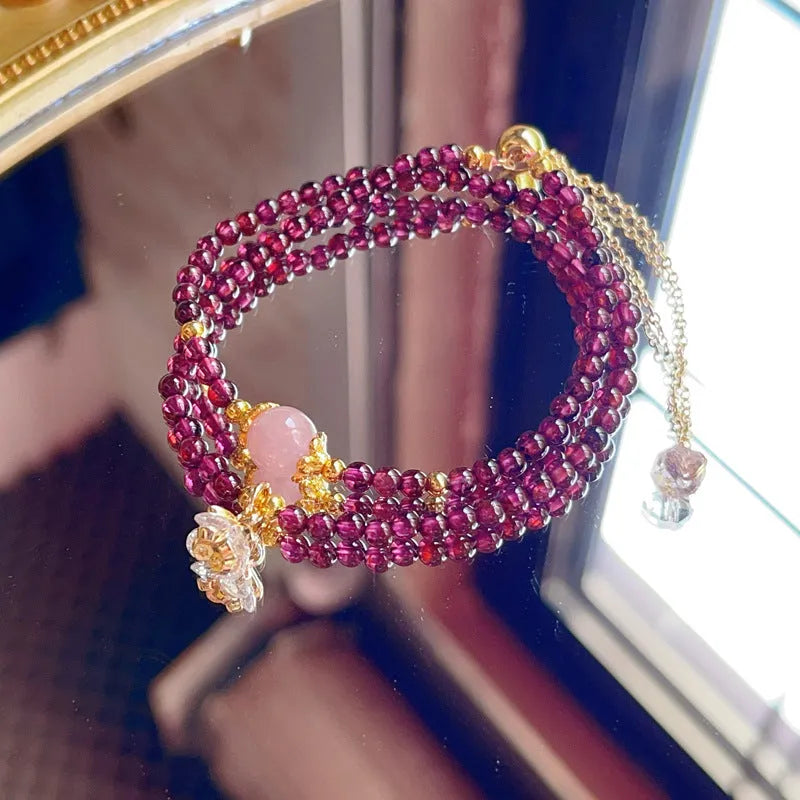 Women's natural garnet bracelet with double ring design and H311 colour stones