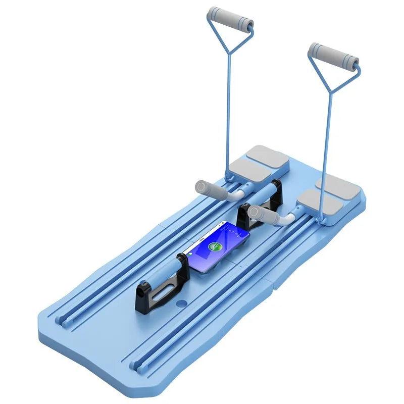 Blue and pink multi-functional ABS plastic fitness board with central abdominal wheel.