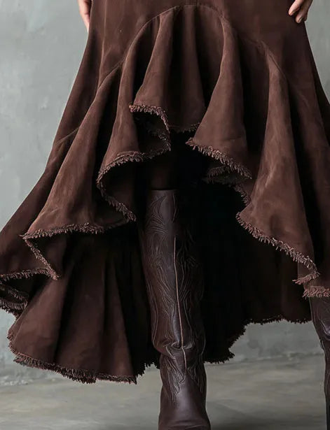 Brown Western-style maxi skirt with high-low hem and ruffle detailing
