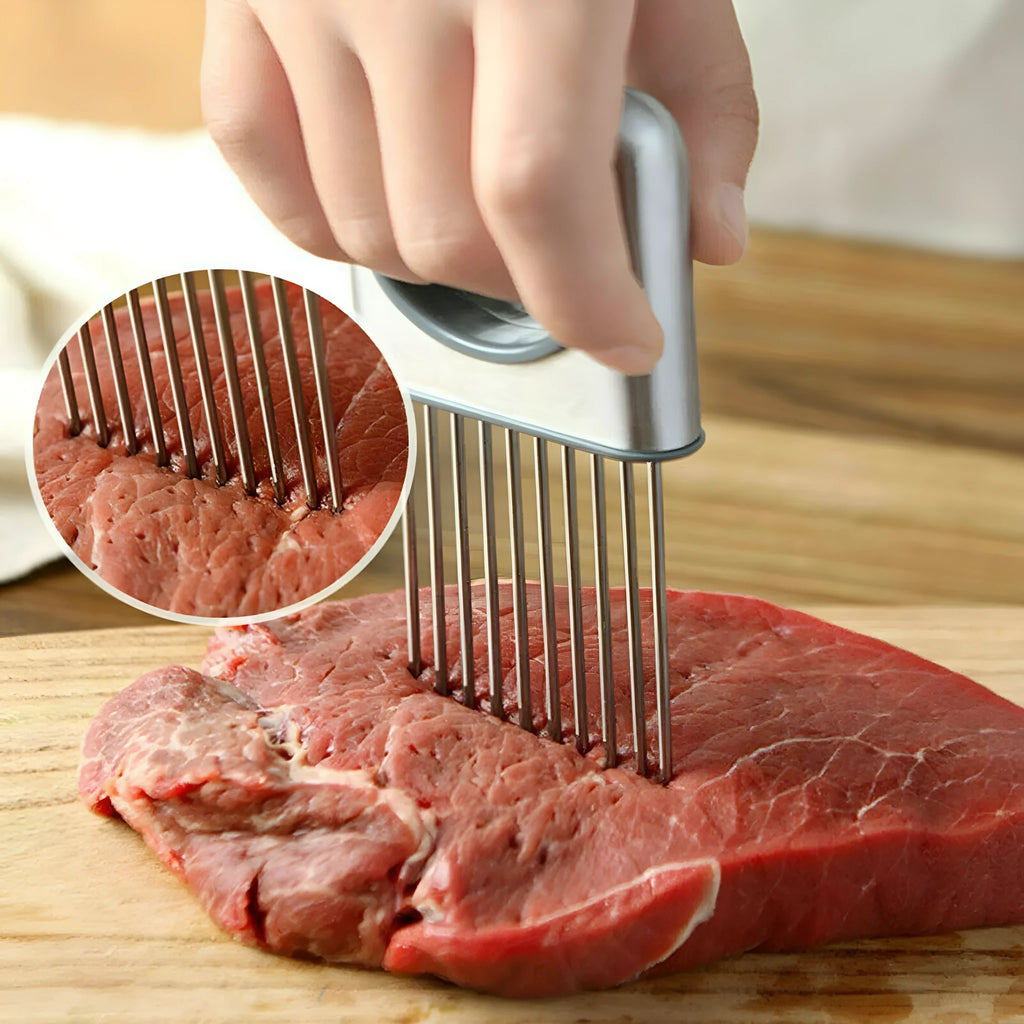 Stainless steel onion holder kitchen tool with prongs for slicing vegetables hands-free