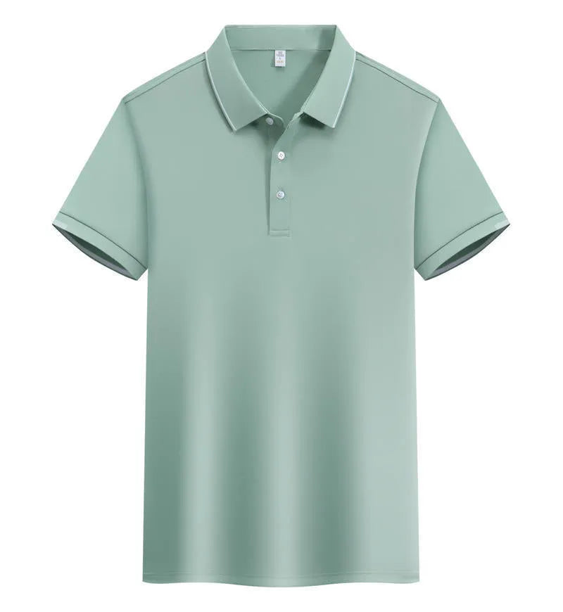 Man wearing a loose fit apricot coloured short sleeve cotton blend polo shirt.
