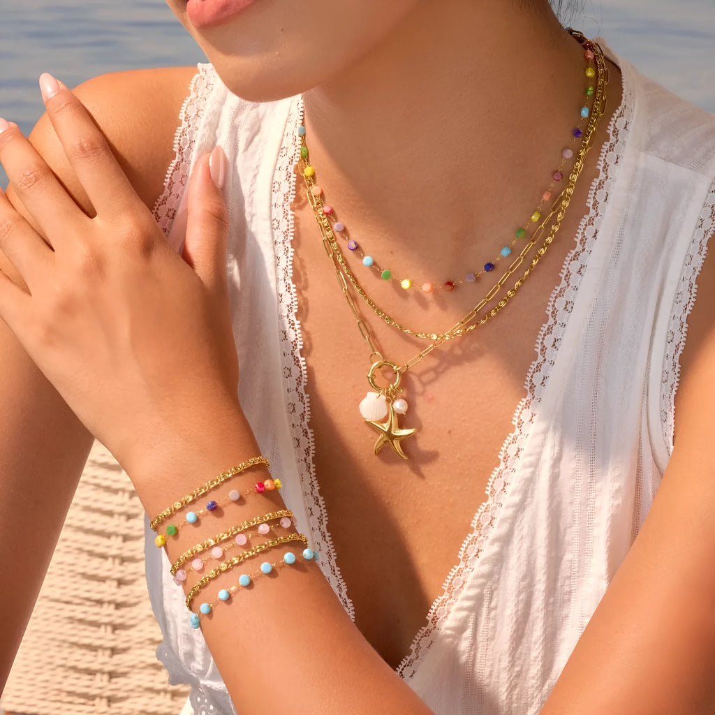 Gold-plated beaded stainless steel double layer twin chain clavicle necklace for women with colourful geometric links