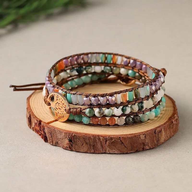 Hand-woven Tree of Life unisex bracelet in brown and white made from mixed natural stone