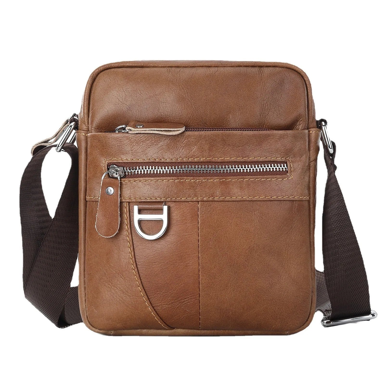Black and brown 8-inch genuine cowhide leather crossbody messenger bag for boys with retro style.