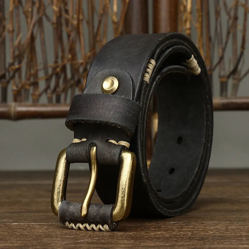 Handmade retro cow leather belt with copper pin buckle, 3.8cm wide, 4mm thick, in brown colour