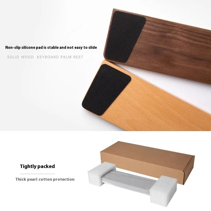 Black walnut wooden keyboard palm rest with wrist strap, 440mm long, on a desk