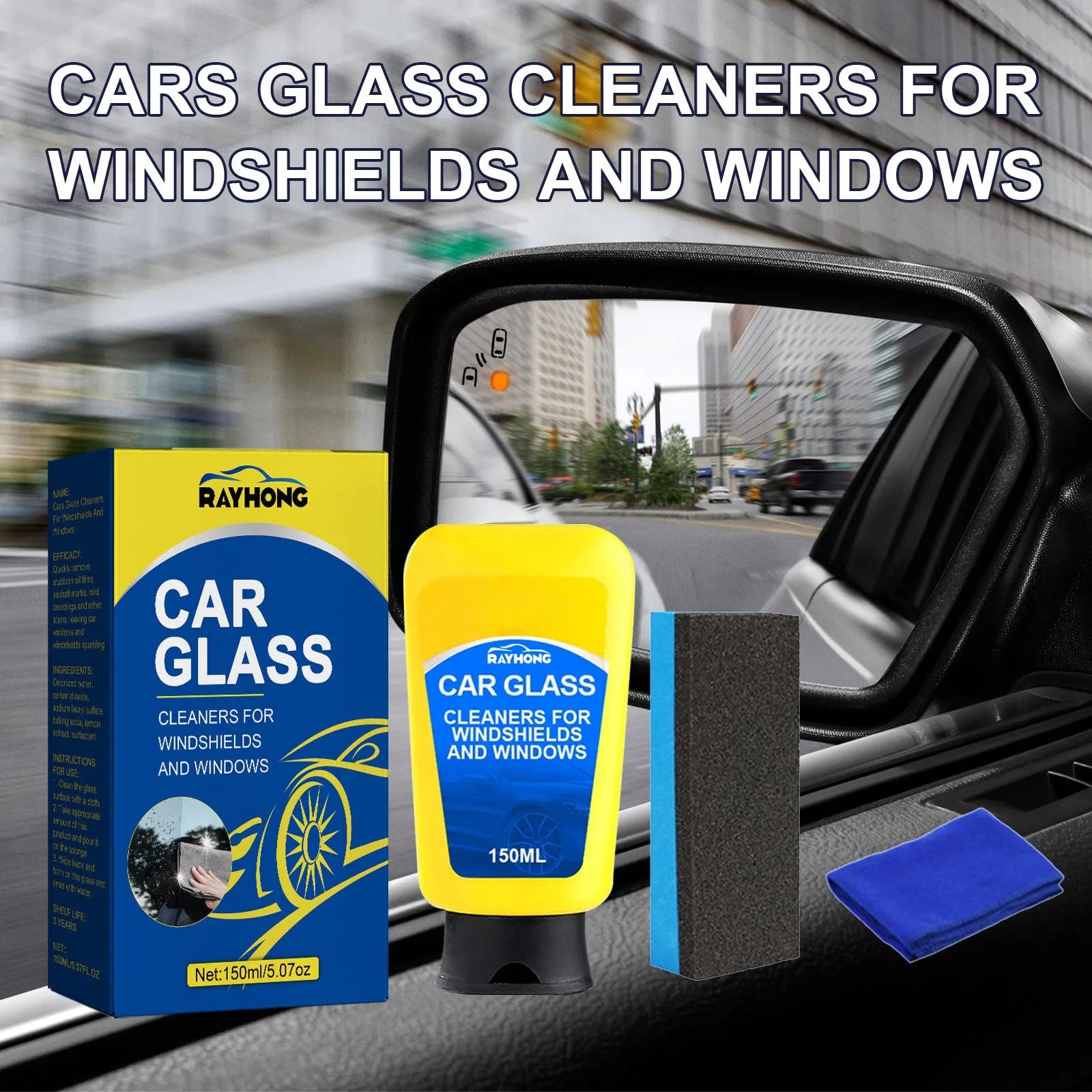 150ml windscreen cleaner kit with spray bottle, sponge, and microfibre cloth for automotive glass cleaning