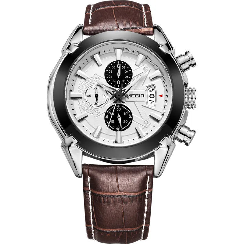 Men's multifunctional timing watch with three sub-dials, luminous display, and waterproof construction