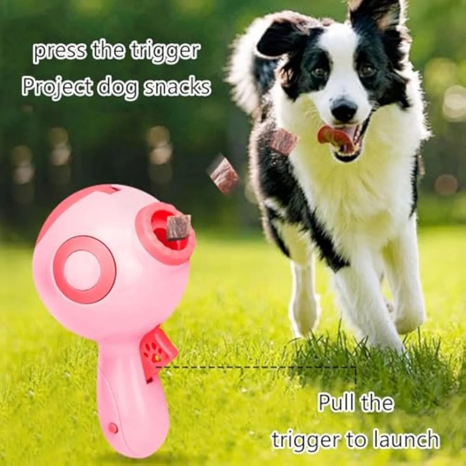 Green, orange, and pink plastic interactive dog treat launcher and slow feeder toy.