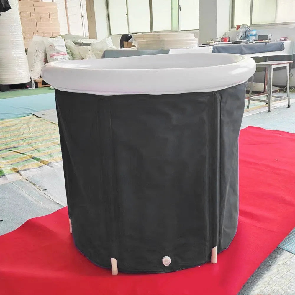 Black portable PVC ice bath measuring 70x80cm with all-weather lid and accessories for cold water therapy