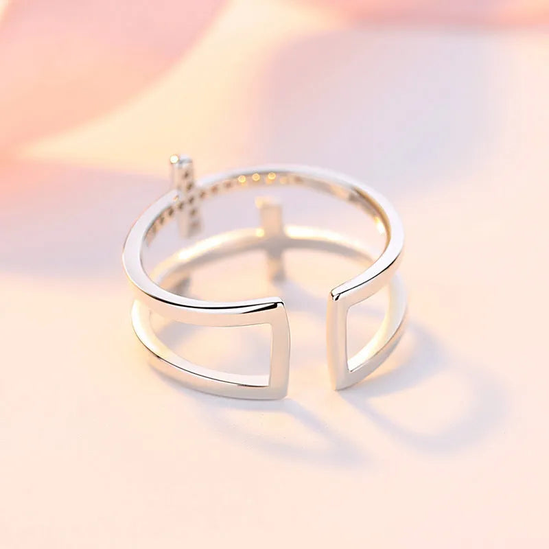 Women's adjustable copper ring with geometric design, white gold finish, and zircon gem inlay.
