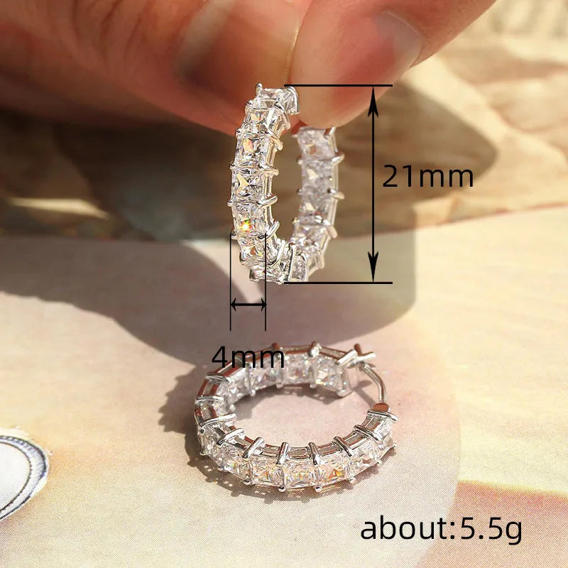 Women's micro inlaid square zircon copper earrings geometric circle design white gold colour finish