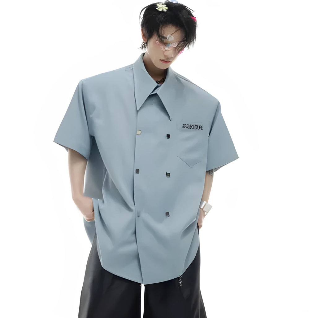 Men's loose fit short sleeve shirt with splicing decoration in blue colour