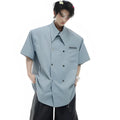 Men's loose fit short sleeve shirt with splicing decoration in blue colour