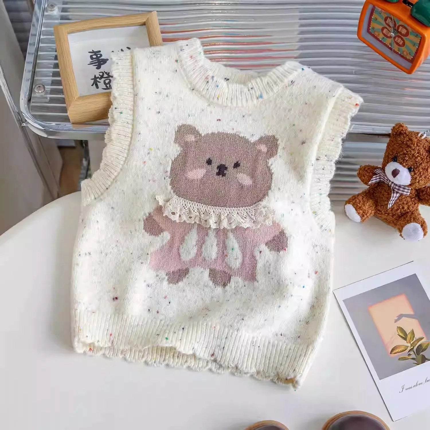 Girls cotton knitted vest with cartoon print in beige colour for toddlers