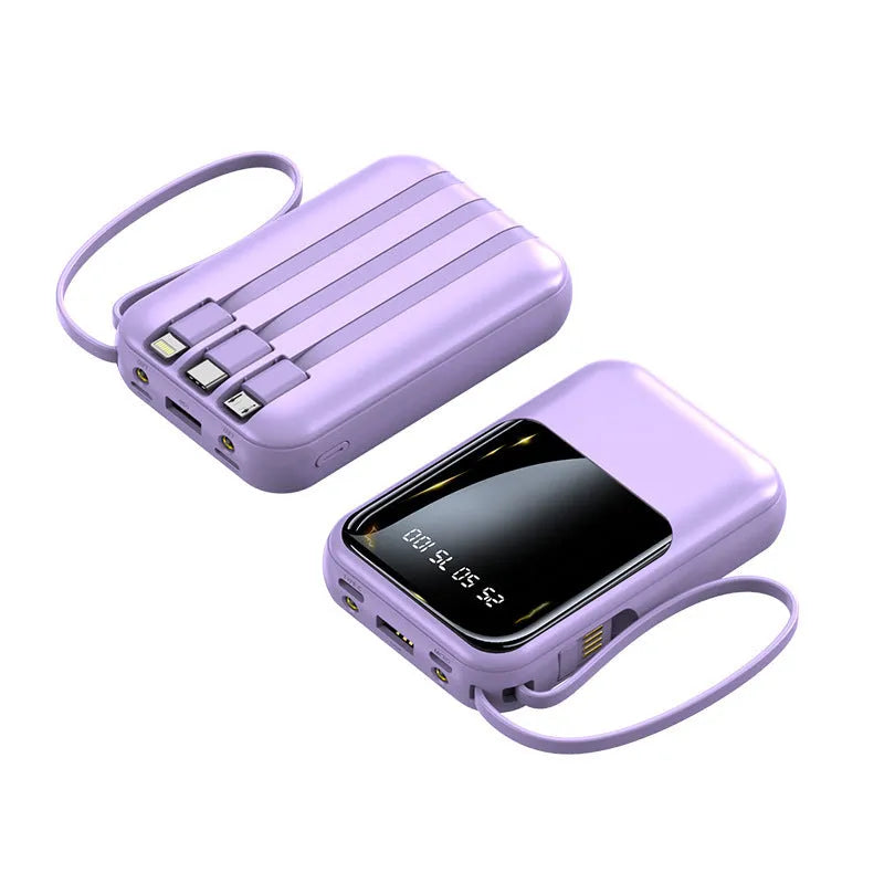 Small super fast charge power bank with cable in black plastic shell, compact size 100x66x27mm