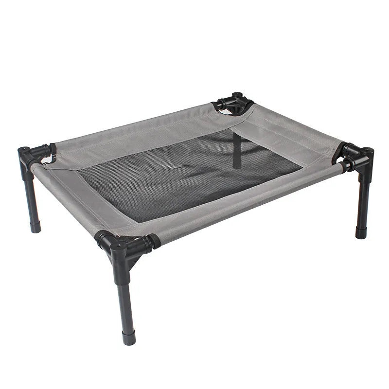 Black outdoor dog bed with removable Oxford cloth cover and steel frame, shown at 55cm length