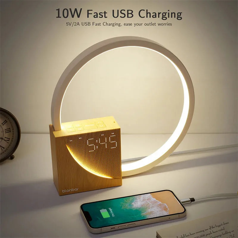 Navy Blue touch-control bedside lamp with digital alarm clock display and integrated speakers