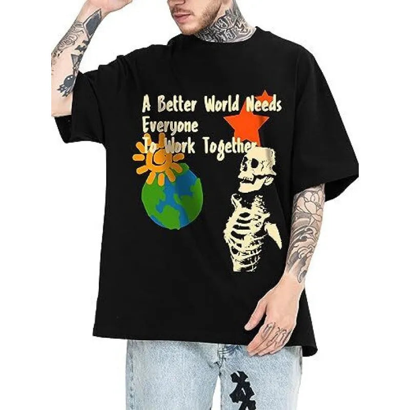 Men's short-sleeved street sports T-shirt with digital printed pattern on flat mop cloth fabric