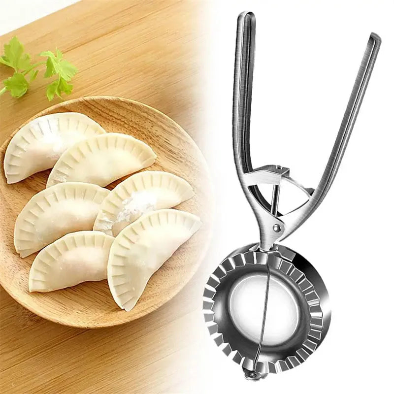 Silver stainless steel manual dumpling maker mould with handle for pressing and cutting wrappers.