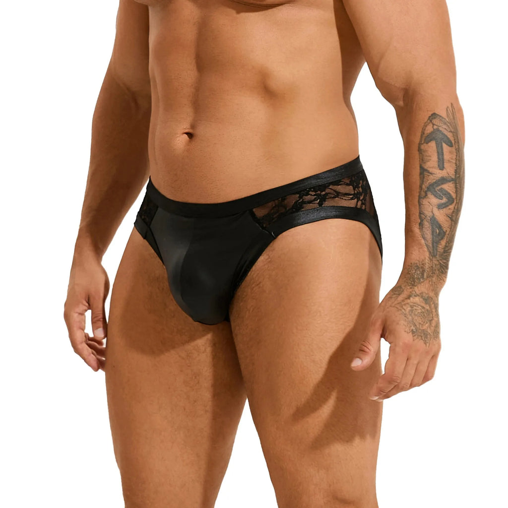 Men's black faux leather briefs with decorative stitching and lace trim