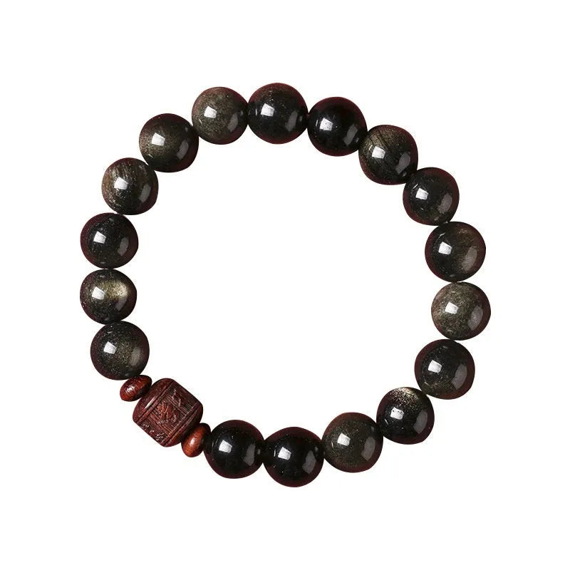 Golden obsidian bracelet with 10mm round beads in hand-woven retro design