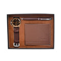 Creative holiday gift set featuring a wallet, pen, and watch in a gift box, available in black or brown.