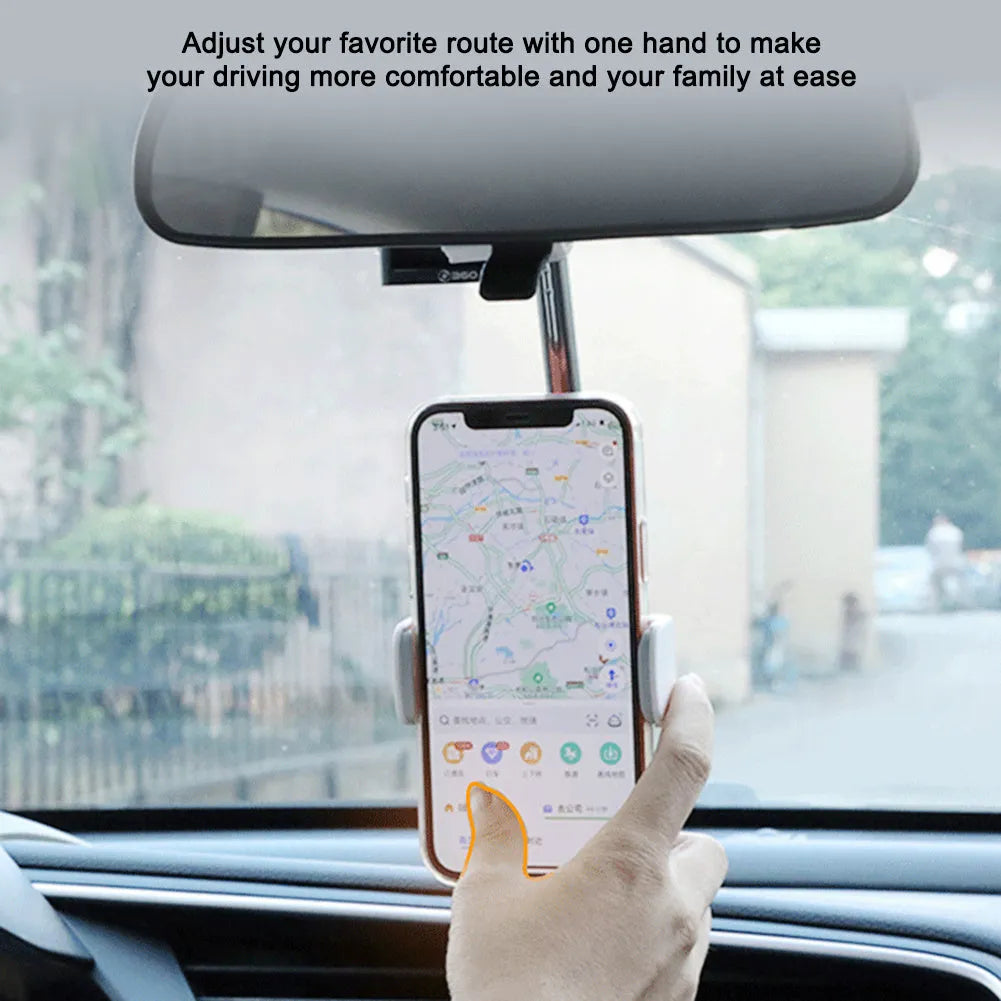 Black car phone holder mounted with 360-degree rotation adjustment mechanism visible