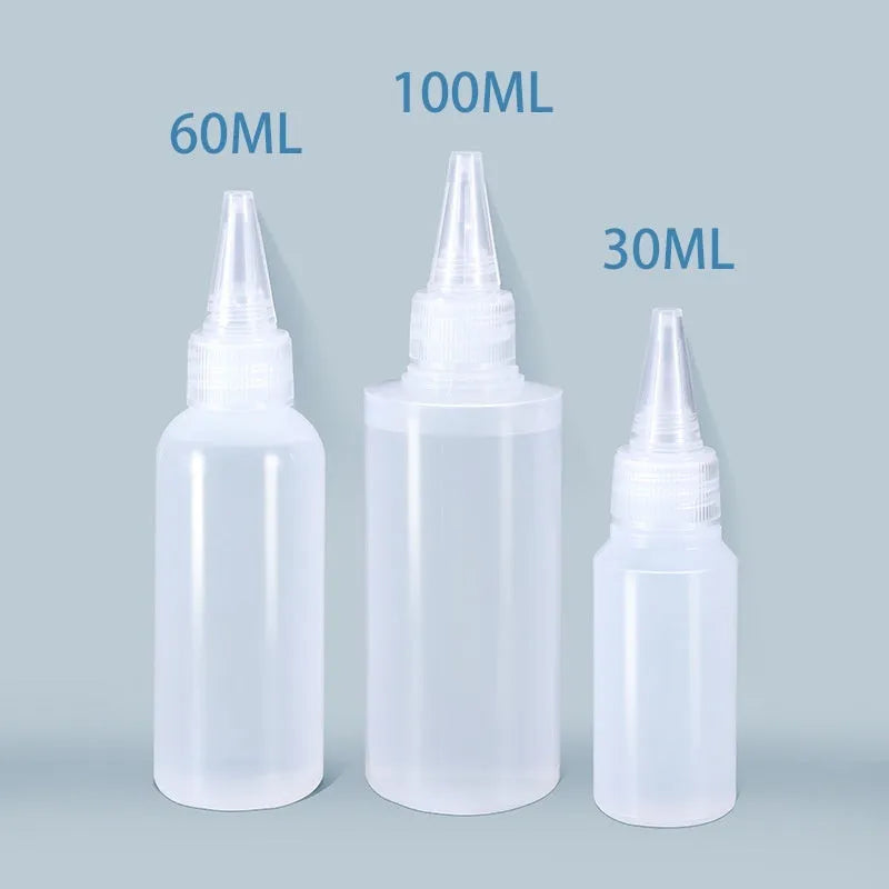 Transparent plastic dispensing bottle with narrow pourer, available in 30ml, 60ml, 100ml, and 120ml sizes.