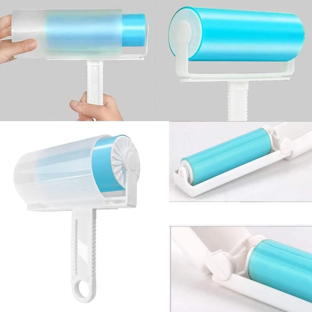 Blue washable reusable lint roller with cover for removing pet hair from fabrics