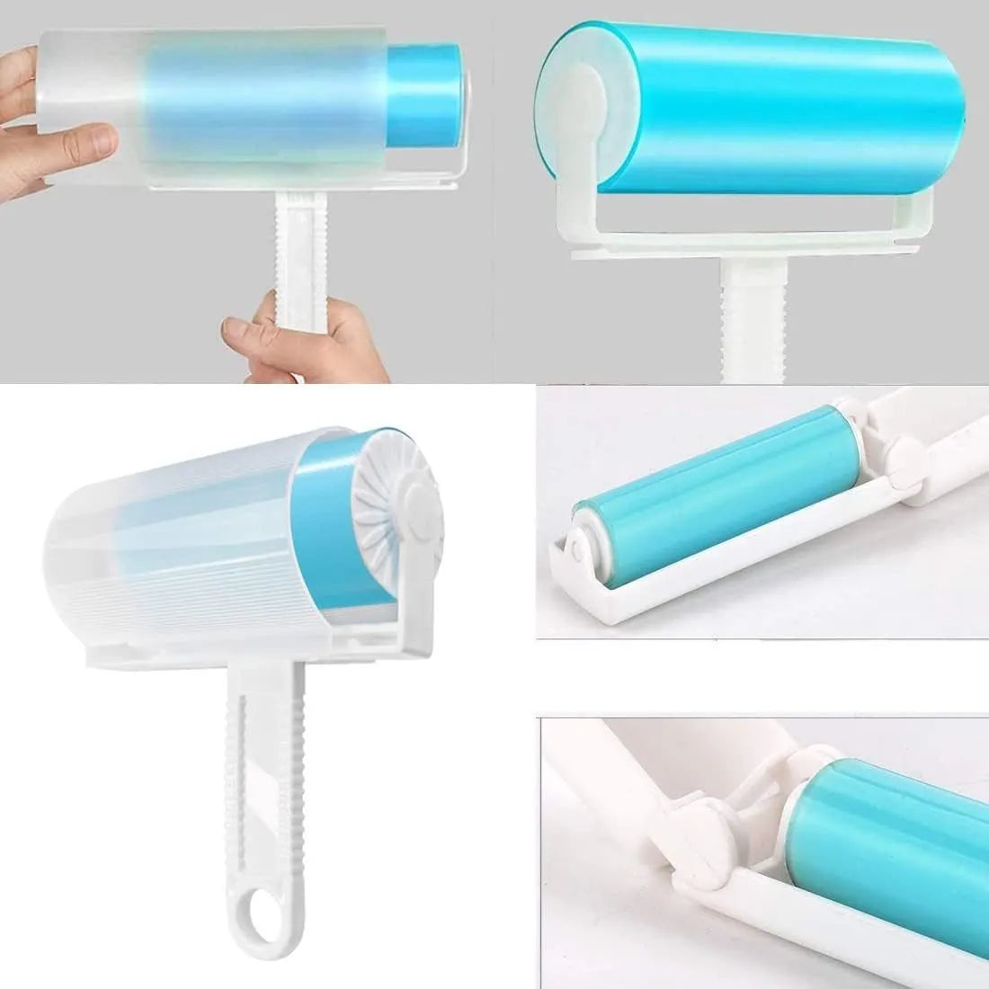 Blue washable reusable lint roller with cover for removing pet hair from fabrics