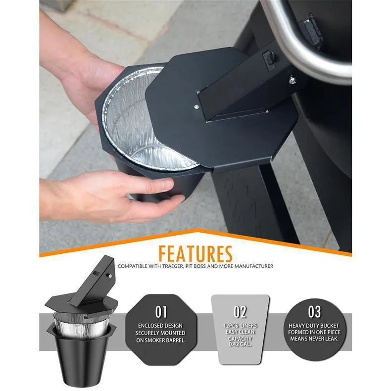 Black grease catcher with cover for BBQ smoker with tin foil buckets