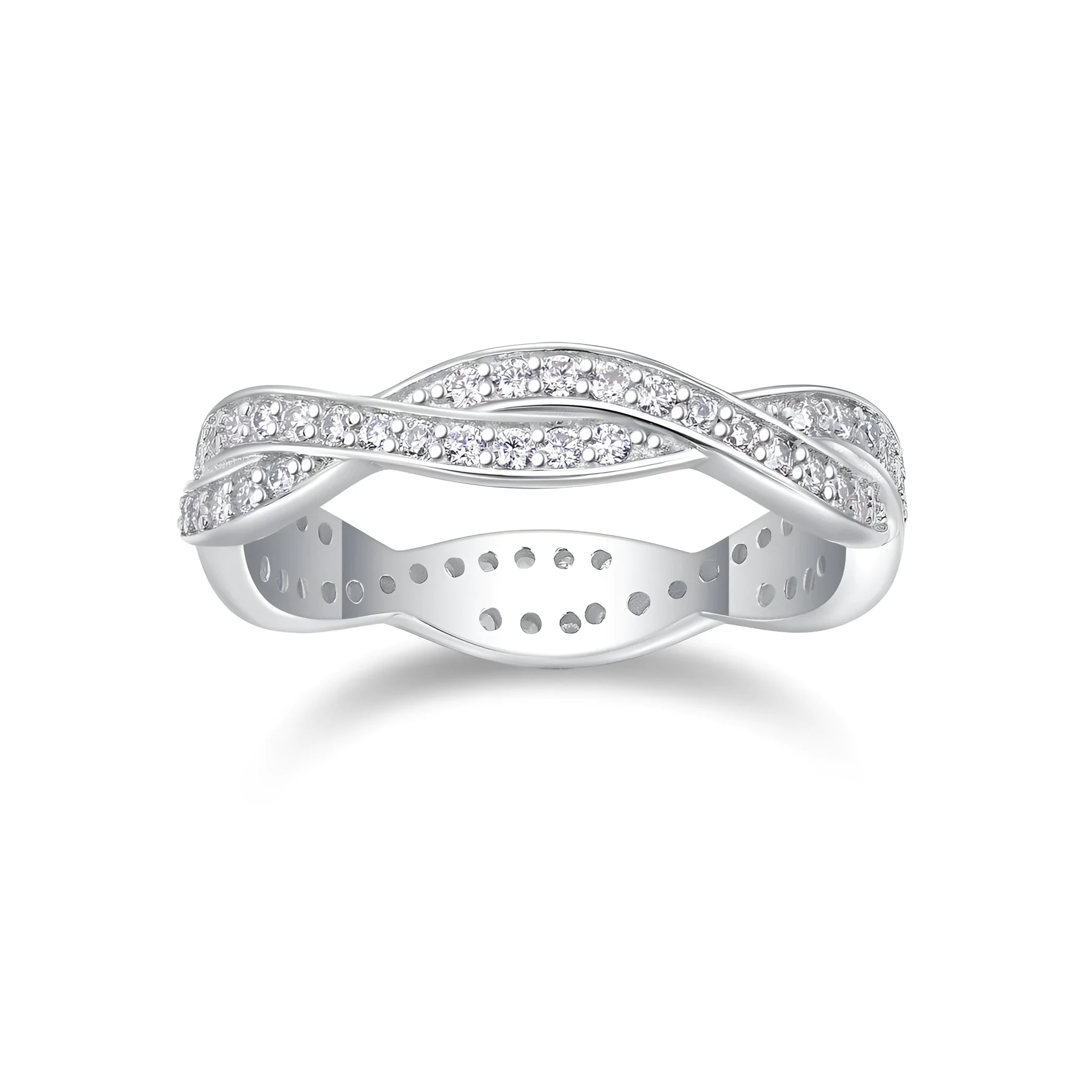 Moissanite wedding ring set in S925 silver with platinum plating on a white background
