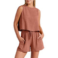 Women's apricot coloured rayon linen sleeveless top and matching drawstring shorts casual summer outfit set.