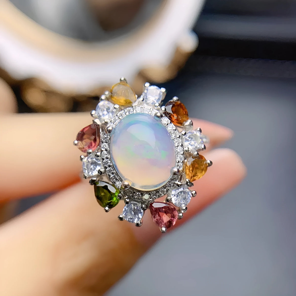 S925 silver opal ring with adjustable open band, women's coloured gemstone design