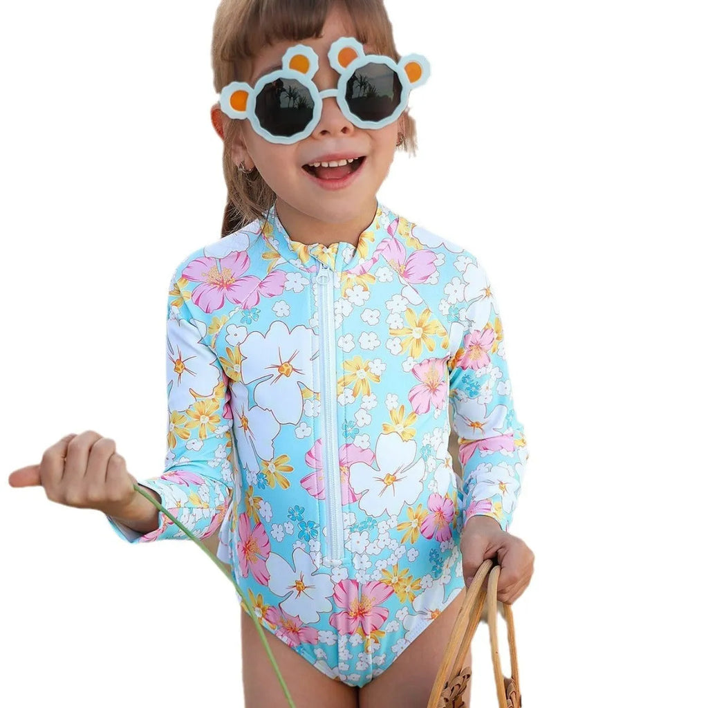 Girls' sky blue one-piece swimsuit with long sleeves and floral print, nylon fabric, sizes 100-140