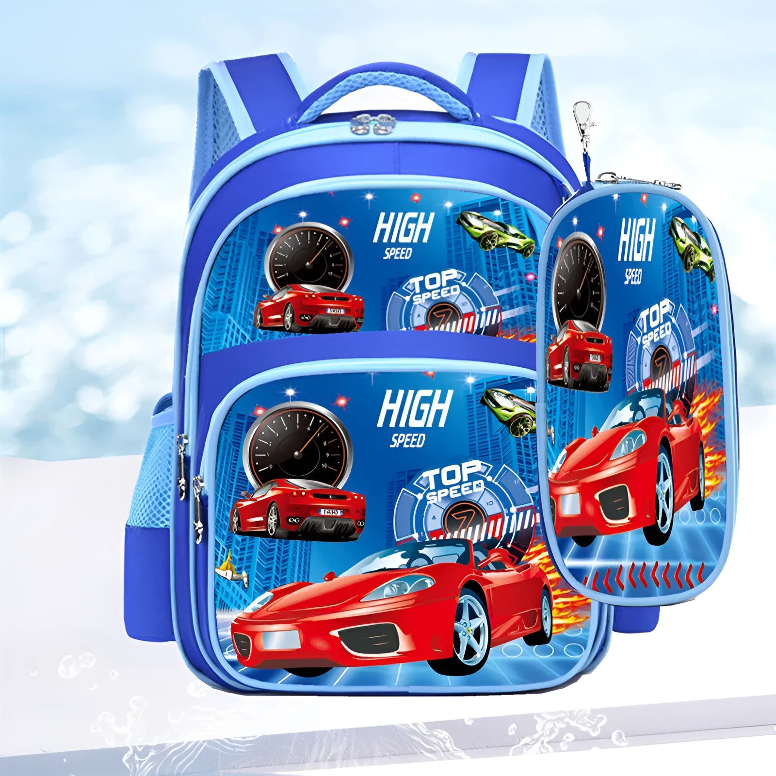 Blue children's school backpack with anime cartoon print, showing front pocket and shoulder straps.