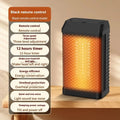 Black desktop smart heater with remote control showing compact 14.5x10x26cm dimensions