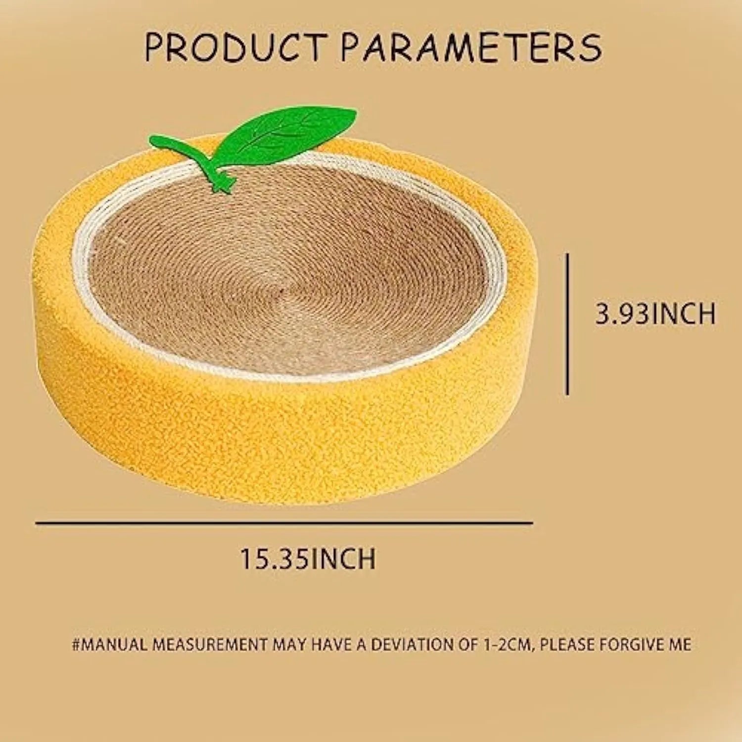 Yellow round sisal cat scratching board and bed with a concave centre for small breed cats.