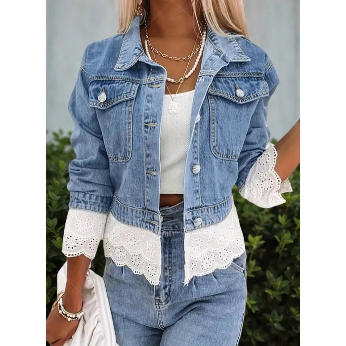 Blue women's denim jacket with lace stitching detailing, long sleeves, available in multiple sizes