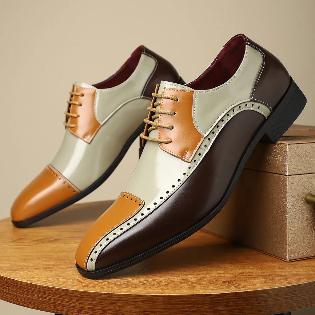 Men's black low-top leather shoes with artificial PU upper and leather toe cap
